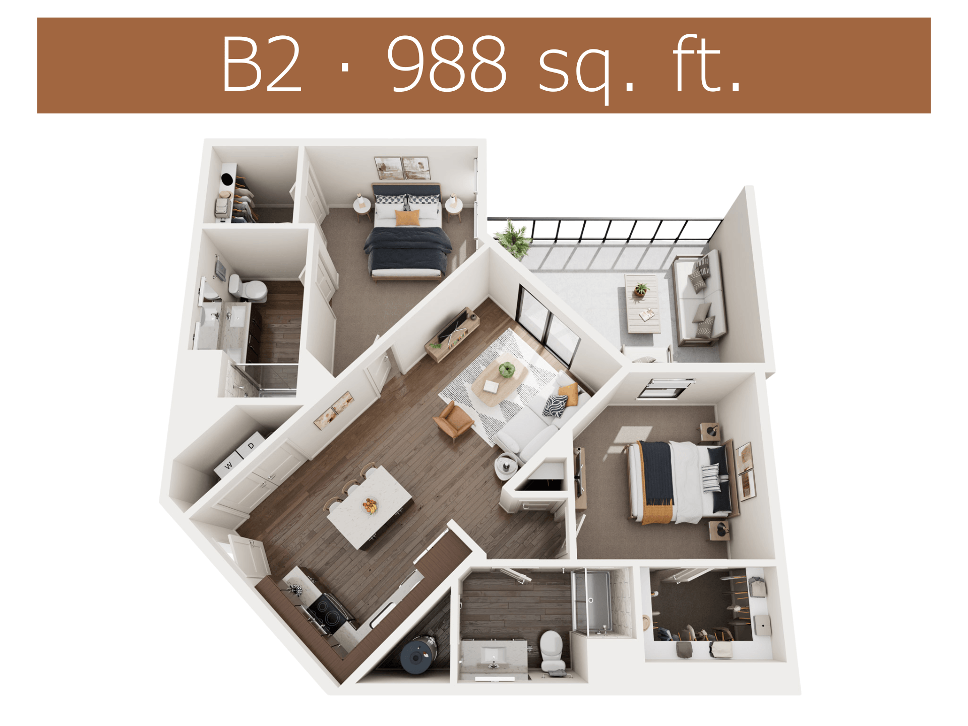 Floor plan for 2 beds, 2 baths, 988 sqft
